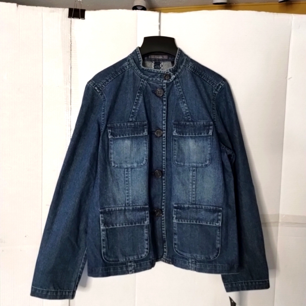 Liz Claiborne Blue Denim ButtonUp Women's Jacket Equestrian Military SZ 16 Chic